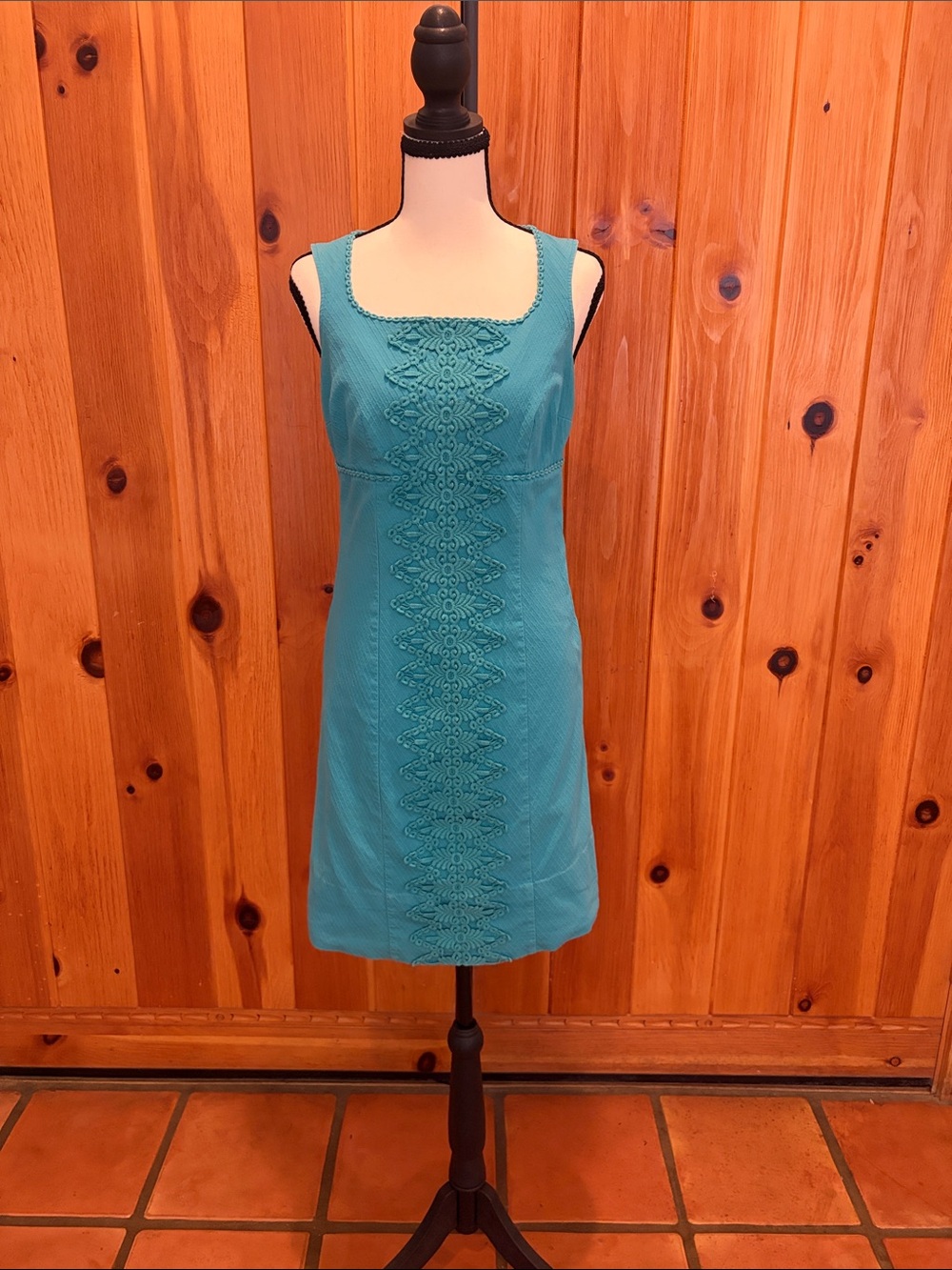 Boden Teal Crochet Lace Sheath Dress Size 4L Sleeveless Side Zip